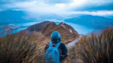 A person with a backpack walking up a hill