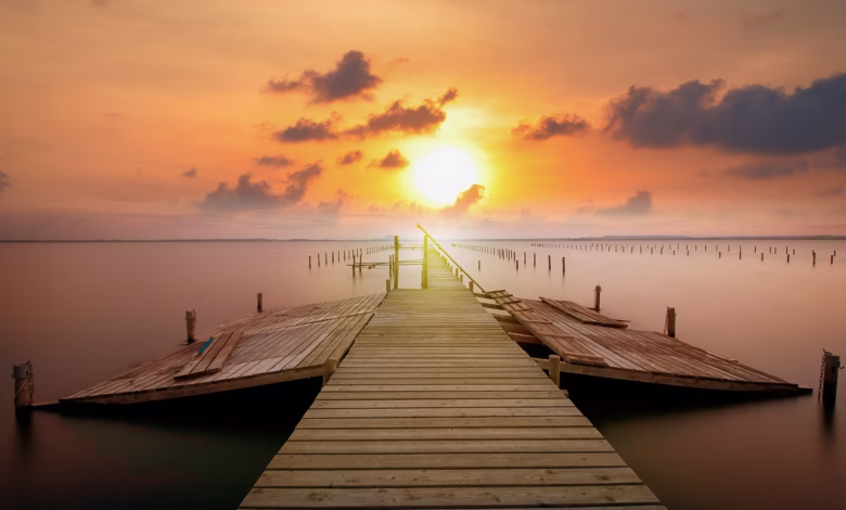 jetty, sunset, clouds, scenery, nature, sun, highlights, orange, peace