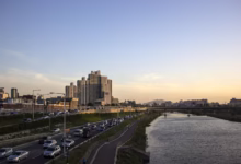 riverside, at dusk, on the road, cloud, cityscape, city view, jiang