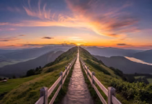 ai generated, pathway, mountain, sunset, sky, clouds, nature, landscape, horizon, tranquility, serenity, outdoor, scenery, scenic, dramatic, sunlight, evening, adventure, beautiful, rock, green, hill, rural, peaceful