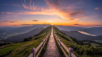 ai generated, pathway, mountain, sunset, sky, clouds, nature, landscape, horizon, tranquility, serenity, outdoor, scenery, scenic, dramatic, sunlight, evening, adventure, beautiful, rock, green, hill, rural, peaceful