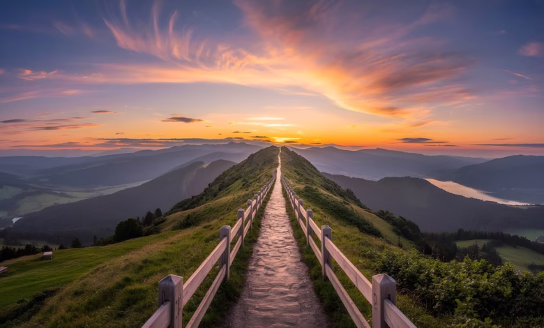 ai generated, pathway, mountain, sunset, sky, clouds, nature, landscape, horizon, tranquility, serenity, outdoor, scenery, scenic, dramatic, sunlight, evening, adventure, beautiful, rock, green, hill, rural, peaceful