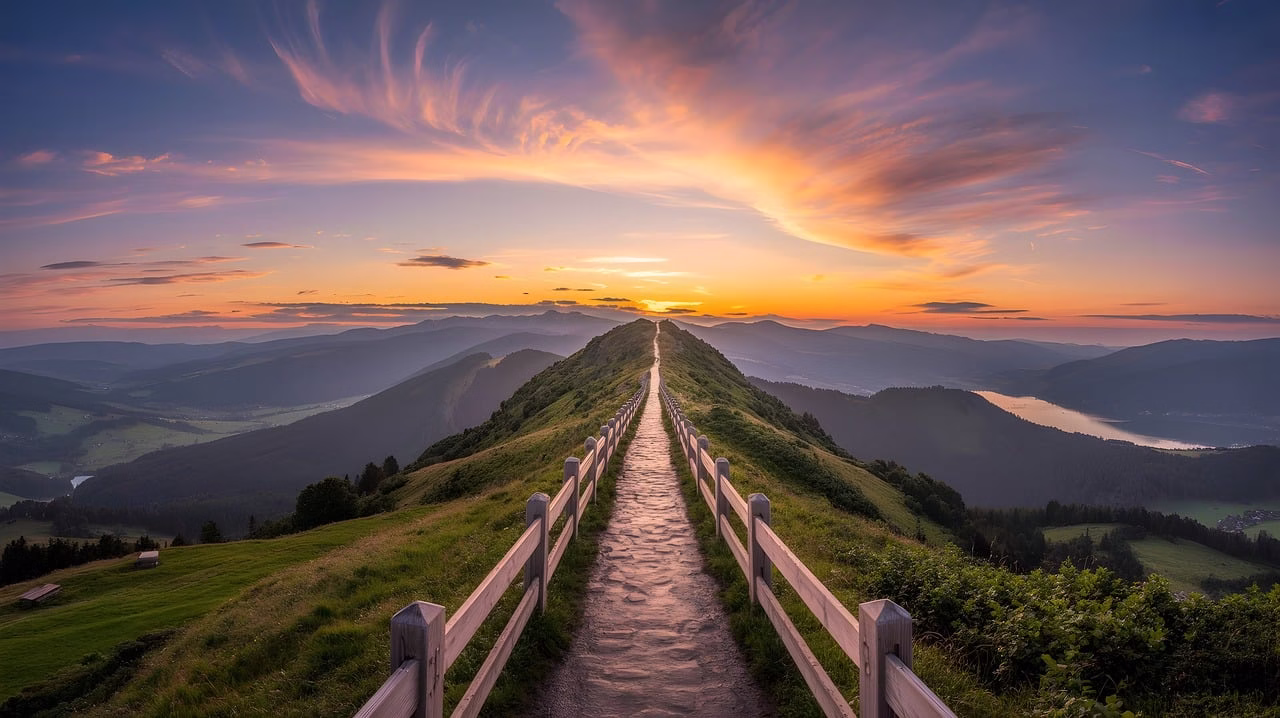 ai generated, pathway, mountain, sunset, sky, clouds, nature, landscape, horizon, tranquility, serenity, outdoor, scenery, scenic, dramatic, sunlight, evening, adventure, beautiful, rock, green, hill, rural, peaceful