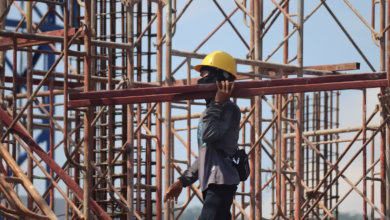 man in grey jacket and yellow hard hat standing on orange metal ladder