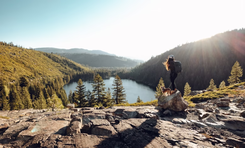 Woman and dog enjoy a scenic mountain lake view.