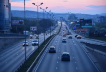 highway, city, cars, nature, traffic, road, urban traffic, urban, twilight, sunset, dusk