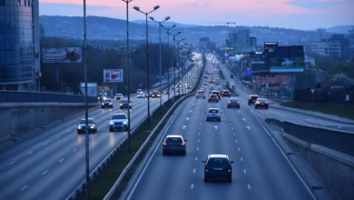 highway, city, cars, nature, traffic, road, urban traffic, urban, twilight, sunset, dusk