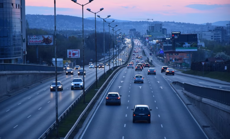 highway, city, cars, nature, traffic, road, urban traffic, urban, twilight, sunset, dusk
