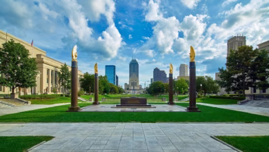 indianapolis, indiana, city, urban, nature, world war i memorial, plaza, landmark, obelisk, cityscape, downtown, skyscraper, buildings, sky, clouds, hdr