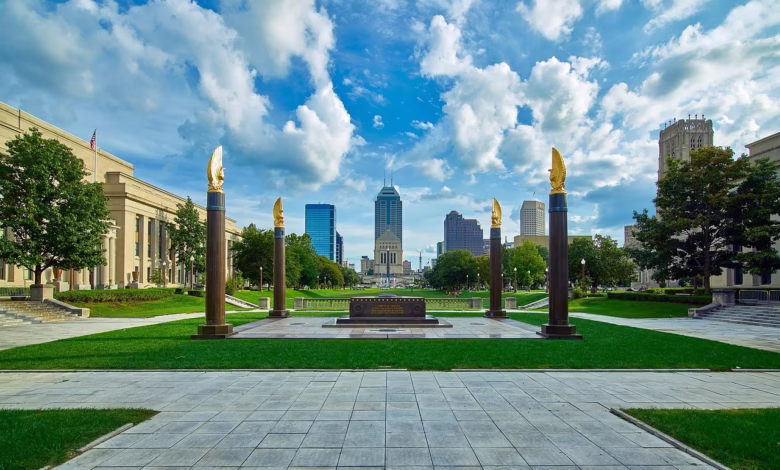 indianapolis, indiana, city, urban, nature, world war i memorial, plaza, landmark, obelisk, cityscape, downtown, skyscraper, buildings, sky, clouds, hdr