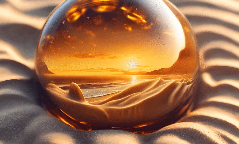 ai generated, lens ball, beach, amber, sand, sea, sunset, dusk, nature, twilight, glass sphere, glass ball