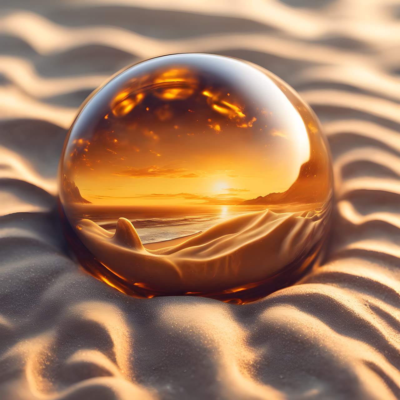 ai generated, lens ball, beach, amber, sand, sea, sunset, dusk, nature, twilight, glass sphere, glass ball