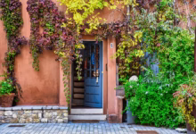 door, building, vegetation, facade, house, town, street, building, house, house, house, house, house