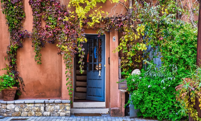 door, building, vegetation, facade, house, town, street, building, house, house, house, house, house
