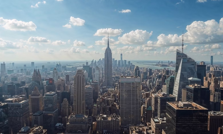 skyscrapers, skyline, city, circle, calculate, template, diamonds, squares, architecture, building, commercial building, facade, modern, utopia, television tower, panorama, background, ai generated