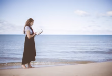 beach, girl, reading, ocean, sand, nature, sea, seashore, water, woman, book, reading a book, reading girl, walk, walking, leisure, relax