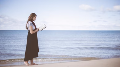 beach, girl, reading, ocean, sand, nature, sea, seashore, water, woman, book, reading a book, reading girl, walk, walking, leisure, relax