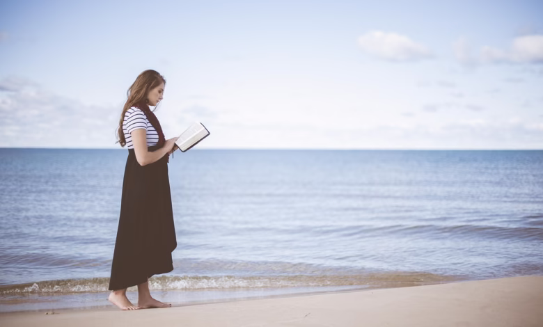 beach, girl, reading, ocean, sand, nature, sea, seashore, water, woman, book, reading a book, reading girl, walk, walking, leisure, relax