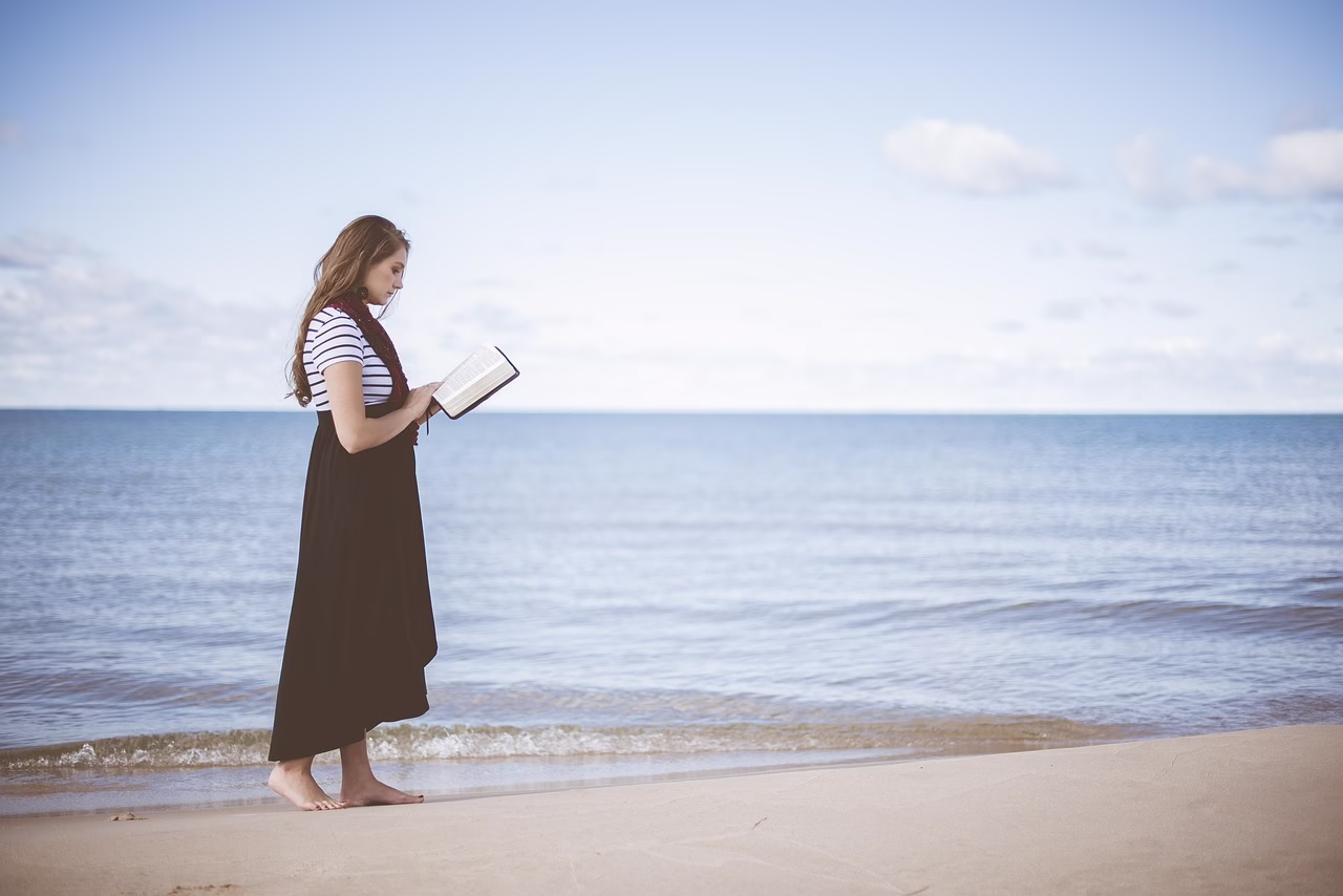 beach, girl, reading, ocean, sand, nature, sea, seashore, water, woman, book, reading a book, reading girl, walk, walking, leisure, relax