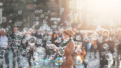 woman standing outdoor surrounded by bobbles during daytime