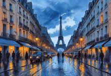 paris, eiffel tower, street, night, rain, reflection, city, urban, watercolor, painting, classic, vintage, cars, people, architecture, blue, romantic, moody, lights, cobblestone, ai generated