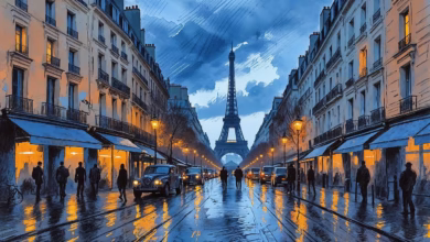 paris, eiffel tower, street, night, rain, reflection, city, urban, watercolor, painting, classic, vintage, cars, people, architecture, blue, romantic, moody, lights, cobblestone, ai generated