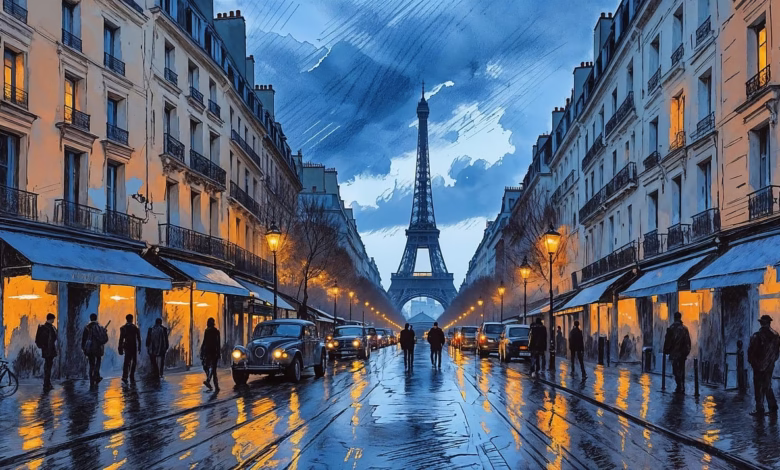 paris, eiffel tower, street, night, rain, reflection, city, urban, watercolor, painting, classic, vintage, cars, people, architecture, blue, romantic, moody, lights, cobblestone, ai generated