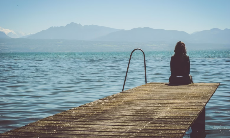 woman, dock, nature, lake, outdoors, person, pier, scenic, sitting, water, jetty, alone, sit, solitude, solitary, lonely