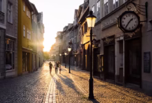 buildings, sunset, town, architecture, nature, street, people, walking, family