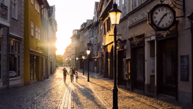 buildings, sunset, town, architecture, nature, street, people, walking, family