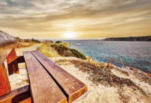 outlook, landscape, sea, cyprus, nature, sunset, bench, wooden bench, ocean, water, outdoors