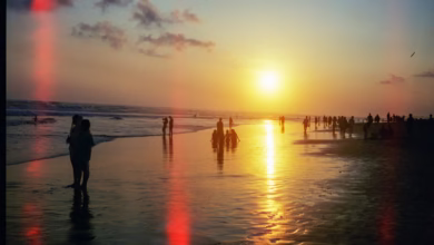 People walking on a beach at sunset