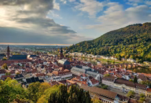 aerial view of city buildings near green mountain during daytime