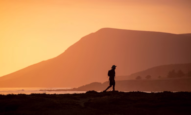silhouette of man standing on hill during sunset