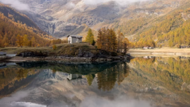 Small house on a hill by a lake with reflections
