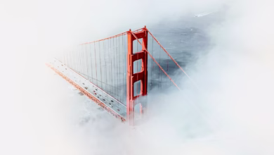 Golden gate bridge tower emerging from fog