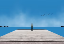 lonely, alone, man, person, silhouette, sea, horizon, nature, birds, dock, ocean, lonliness