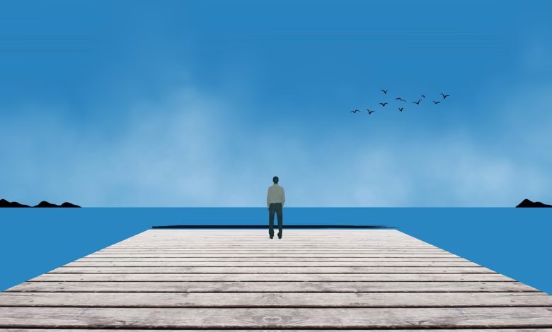 lonely, alone, man, person, silhouette, sea, horizon, nature, birds, dock, ocean, lonliness