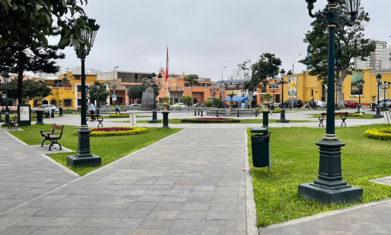 A couple of street lights sitting on top of a green field