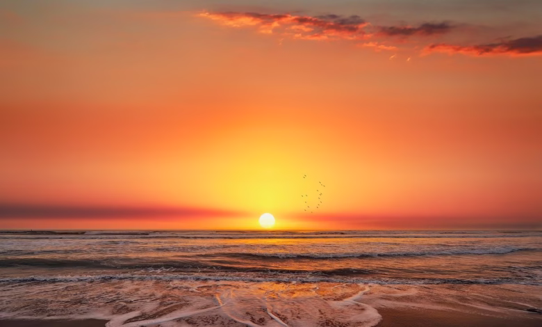 sunset, sea, beach, clouds, calm, waves, sand, relaxation, romance, orange, sky, dawn, tide, silence, sun, glowing, natural beauty, serenity