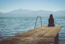 woman, nature, dock, lake, outdoors, person, pier, scenic, sitting, water, jetty, alone, sit, solitude, solitary, lonely