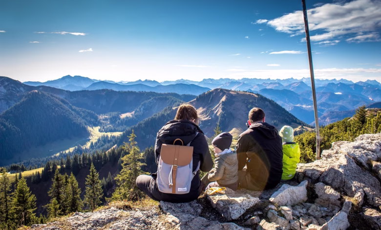 family, hike, travel, alps, distant view, hochwald, fir trees, mountains, wallberg, summit, picnic, nature, hiking area, recreation, leisure time, mood, bavaria