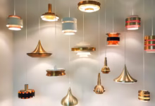 gold and red pendant lamps