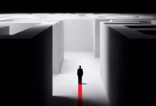 man, maze, labyrinth, entrance, solution, business, challenge, problem, strategy, success, way, path, direction, exit, risk, goal, dark, light, alone, standing, choice, career, decision, future, ai generated