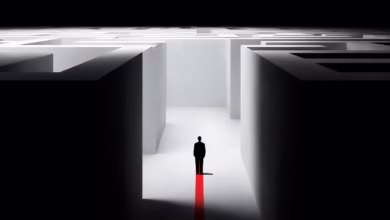 man, maze, labyrinth, entrance, solution, business, challenge, problem, strategy, success, way, path, direction, exit, risk, goal, dark, light, alone, standing, choice, career, decision, future, ai generated