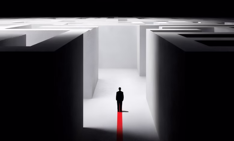 man, maze, labyrinth, entrance, solution, business, challenge, problem, strategy, success, way, path, direction, exit, risk, goal, dark, light, alone, standing, choice, career, decision, future, ai generated