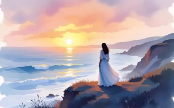 woman, female, ocean, sea, nature, sunset, water, waves, seascape, sky, horizon, coast, seashore, dusk, landscape, scenic, painting, calm, alone, view, copy space, ai generated, mood