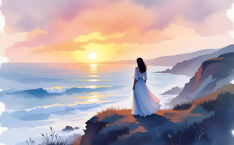 woman, female, ocean, sea, nature, sunset, water, waves, seascape, sky, horizon, coast, seashore, dusk, landscape, scenic, painting, calm, alone, view, copy space, ai generated, mood