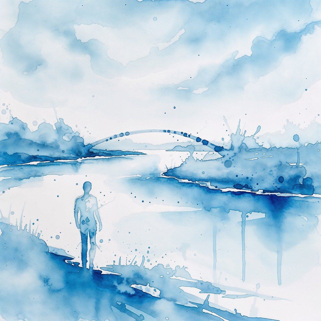 watercolor, bridge, silhouette, person, blue, water, solitude, calm, art, minimalist, reflection, sky, nature, path, lonely, serenity, wash, peaceful, horizon, ai generated