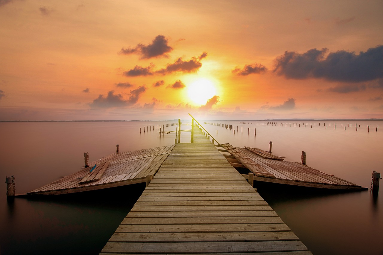 jetty, nature, sunset, clouds, scenery, sun, highlights, orange, peace